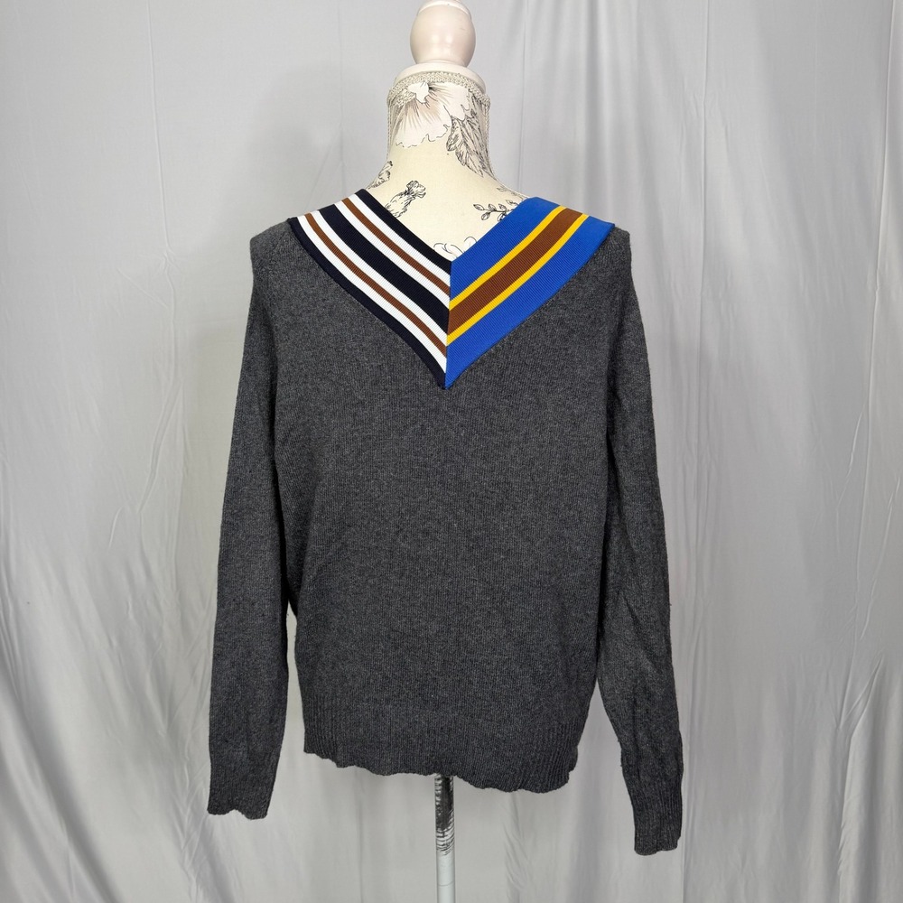 Sandro Nepeta Grey V-Neck Striped Asymmetrical Collar Sweater D313M Size 1 - Picture 6 of 10
